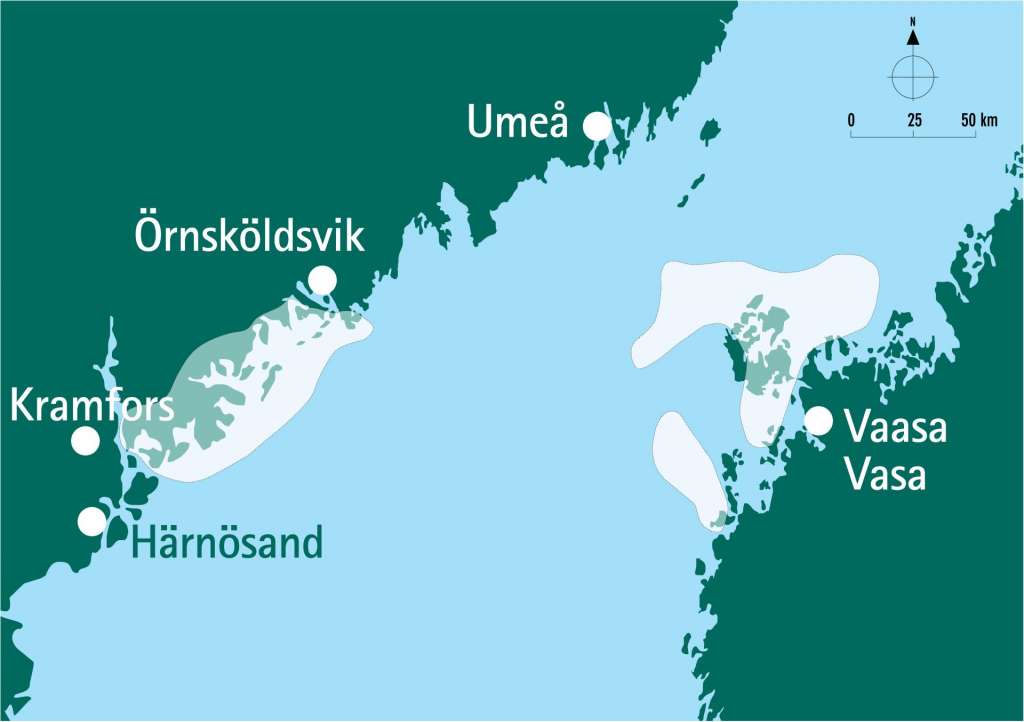 The map shows the borderlines of the joint World Heritage Site of the High Coast and the Kvarken Archipelago.