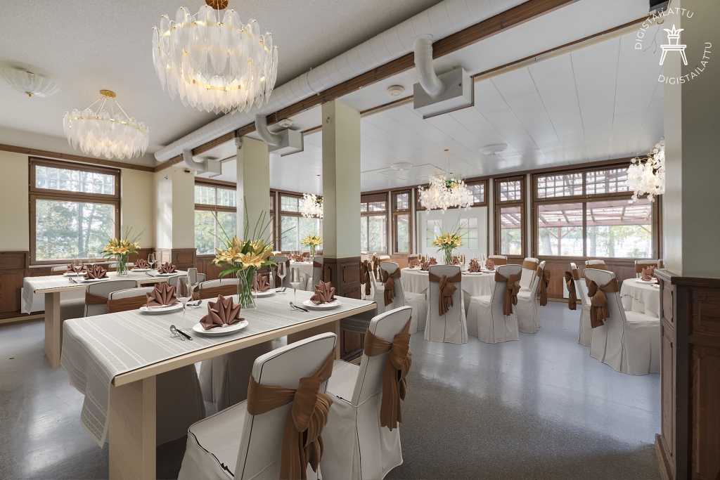 A spacious banquet hall with large windows facing the forest and double doors leading to the outdoor area. The room features dark wooden wall panels with a retro feel and five elegantly set dining tables in various shapes.