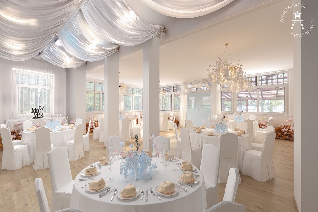 A bright and spacious banquet hall with large windows facing the forest and double doors leading to the outdoor area. There is six round tables, set with white tablecloths and light blue floral arrangements.