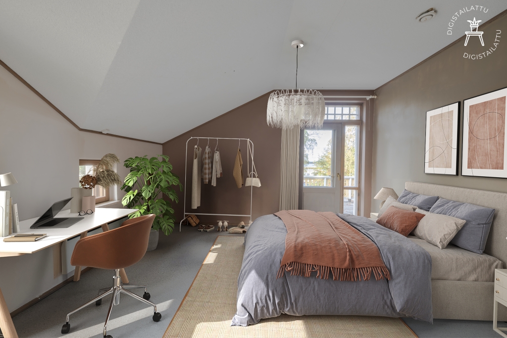 Bright bedroom with a sloped ceiling and a glass door leading to the balcony. The room has space for a large double bed, a desk, and a clothing rack. It is designed as a combination of a bedroom and a workspace.