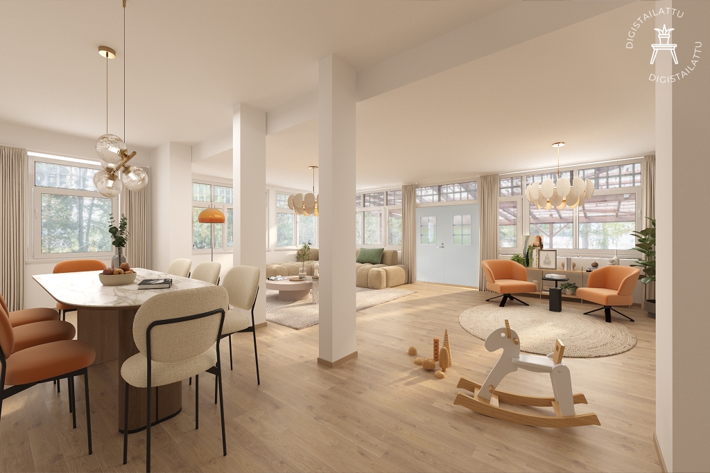 Bright and spacious living area with a view of the forest landscape through large windows. The room features modern decor in warm tones and double doors leading to the balcony.