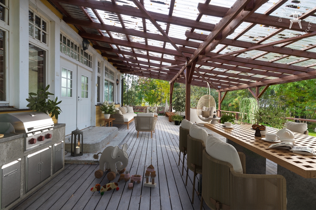 Spacious and versatile covered terrace providing space for relaxation, dining, and grilling. Overlooking the lush landscape, the area features comfortable seating, a large dining table, and a play area for children.